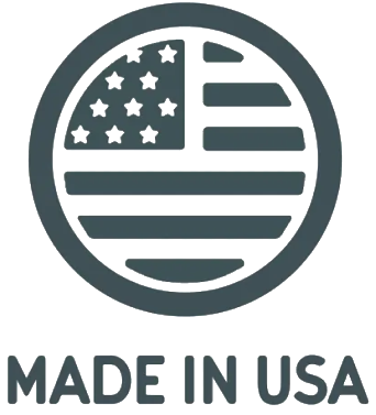 'Made in USA' logo with stylized American flag inside a circle.