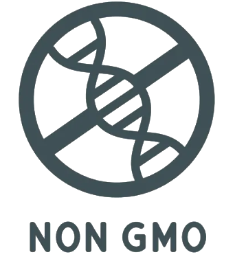 Non-GMO symbol with a DNA strand crossed out in a circle.